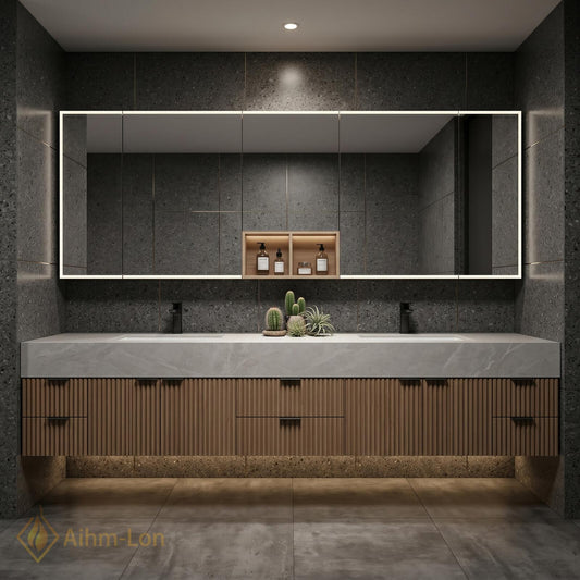 78''-96'' Modern Double Bathroom Vanity with Sink Floating Dark Wood Marble-Like Stone