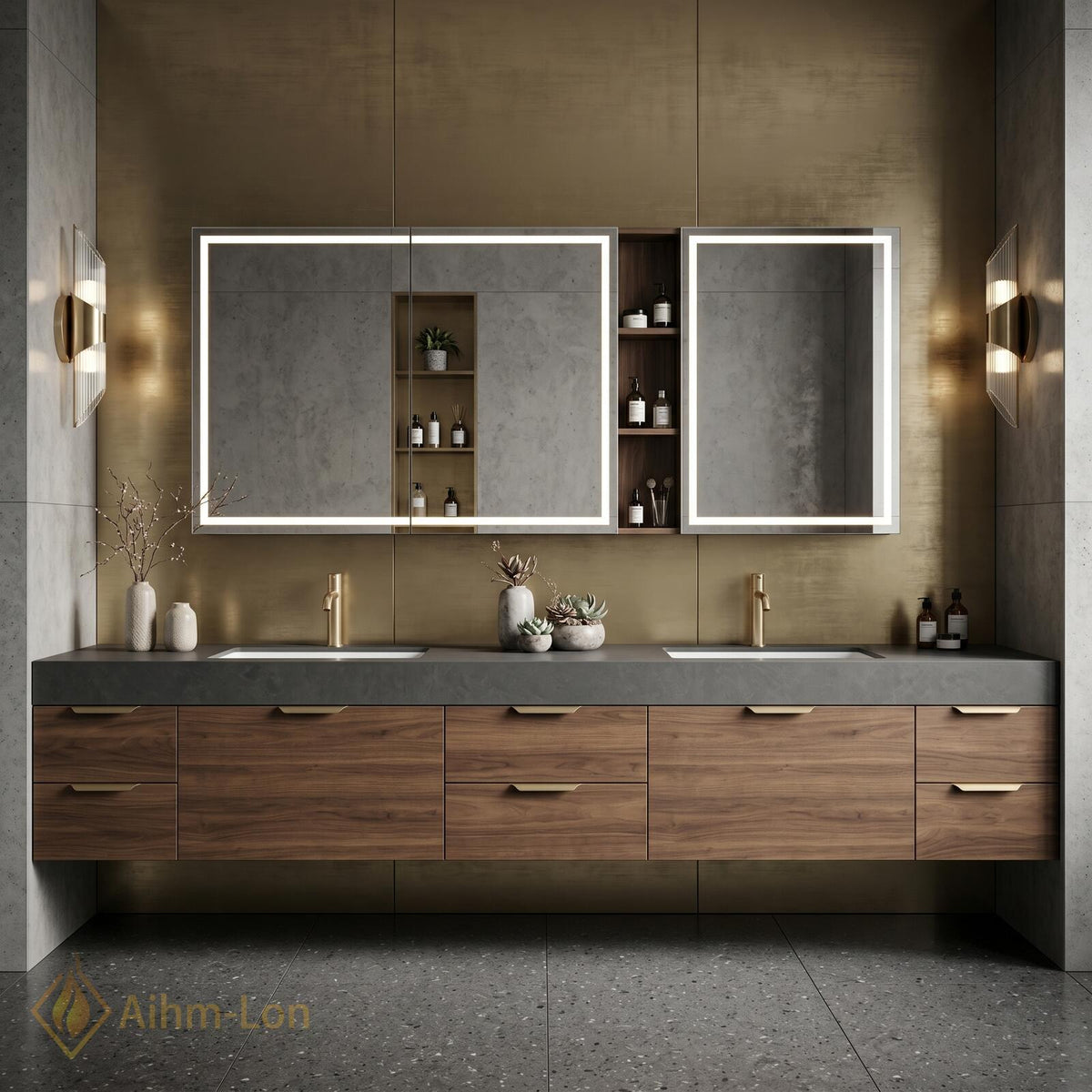 60''-96'' Double Bathroom Vanity with Sink Deep Grey Stone Wood Grain Drawers