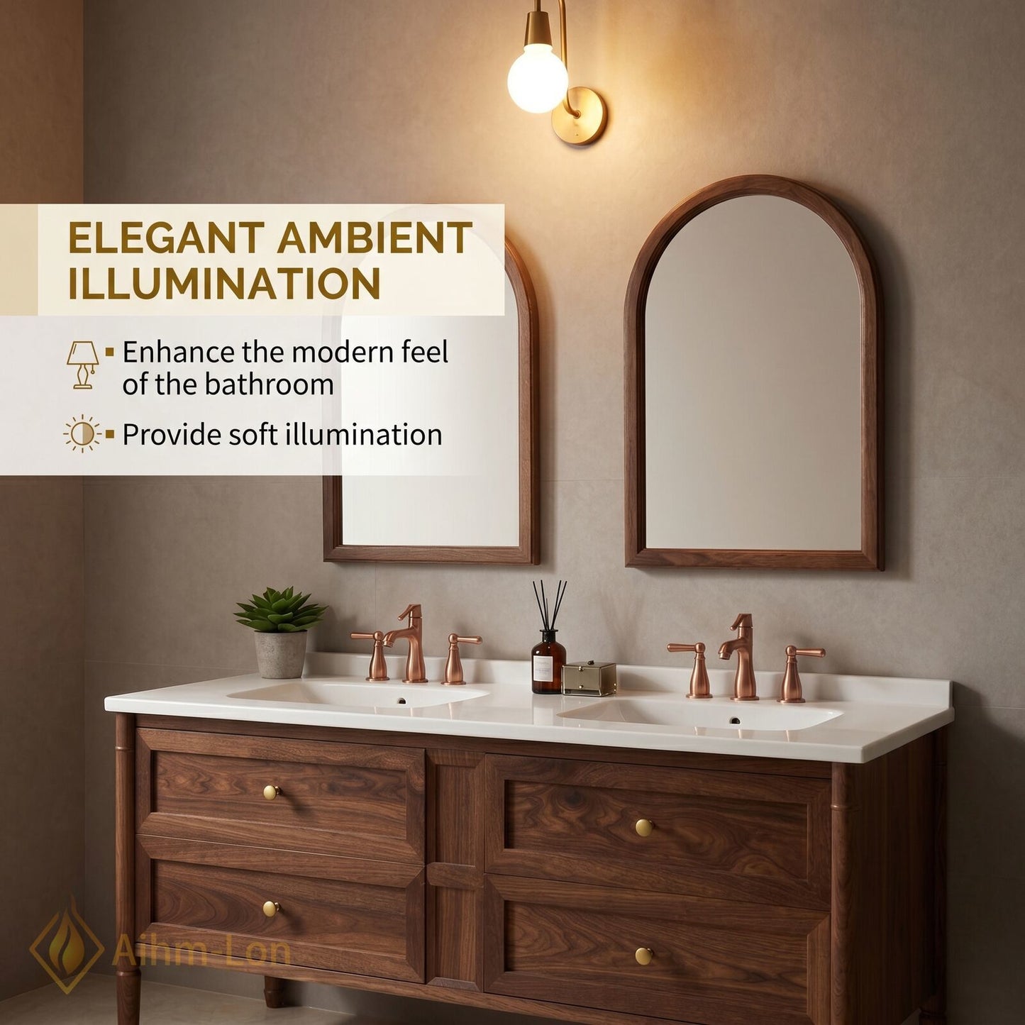60''-96'' Modern Bathroom Vanity with Sink Walnut White Stone Copper Hardware Drawers