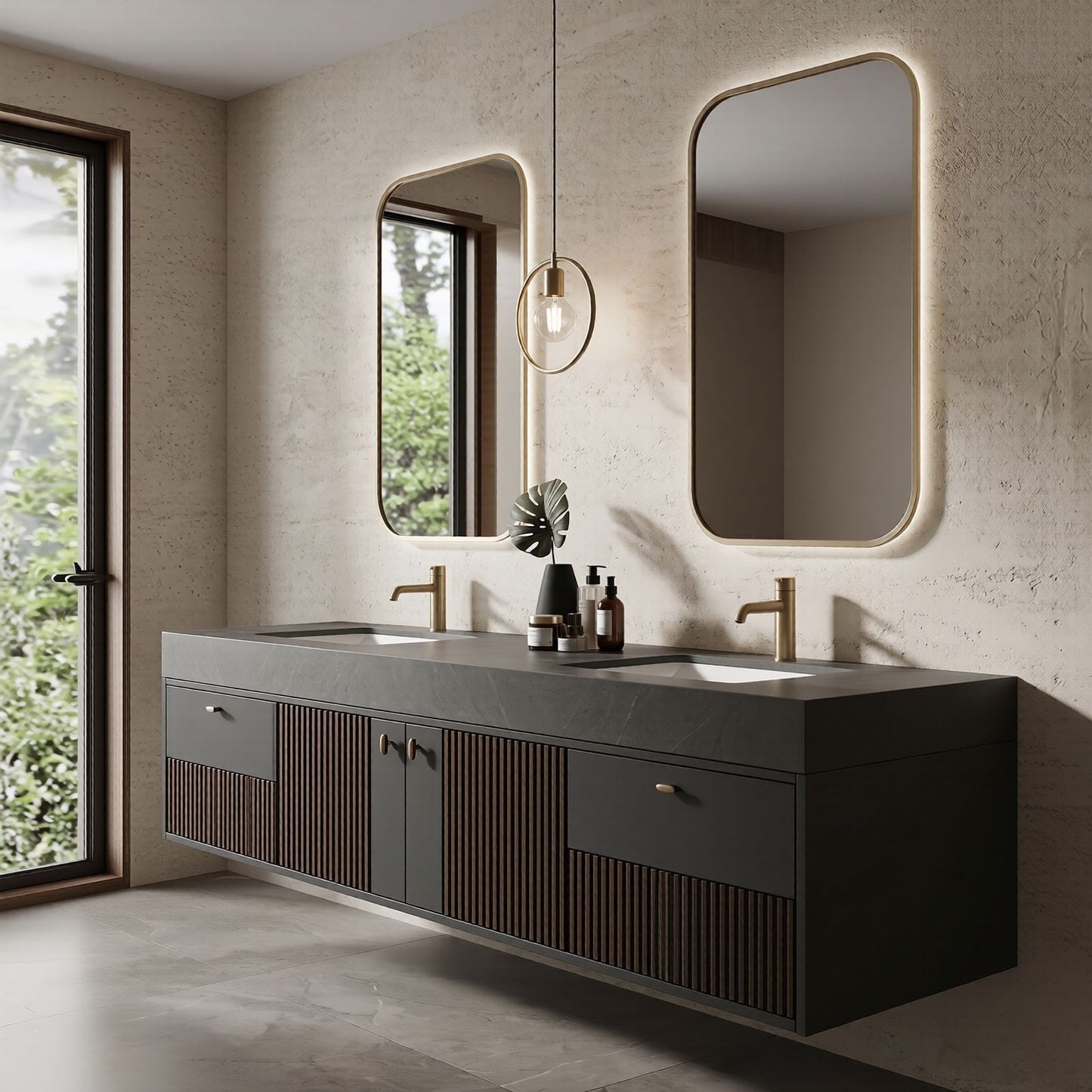 60''-96'' Modern Bathroom Vanity with Sink Double Sink Dark Textured Stone Floating Cabinet
