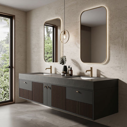 60''-96'' Modern Bathroom Vanity with Sink Double Sink Dark Textured Stone Floating Cabinet