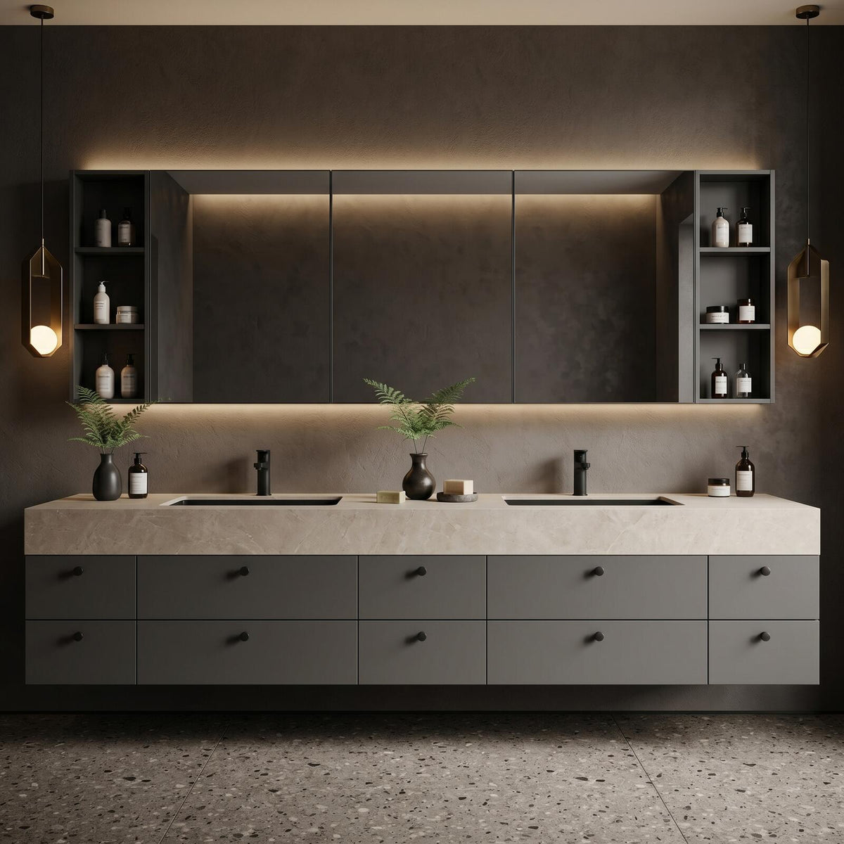 60''-96'' Double Bathroom Vanity with Sink Floating Matte Charcoal Stone-Effect Extensive Drawers