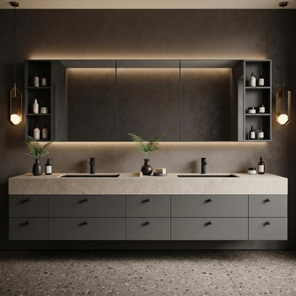 60''-96'' Double Bathroom Vanity with Sink Floating Matte Charcoal Stone-Effect Extensive Drawers