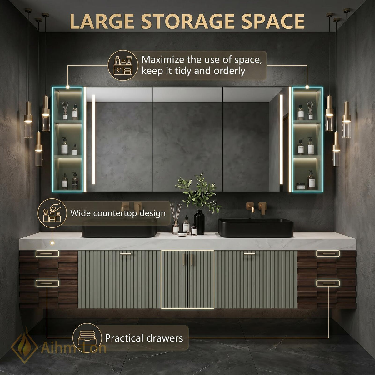 78''-96'' Bathroom Vanity with Sink Floating Double Sage Finish Fluted Front Muted