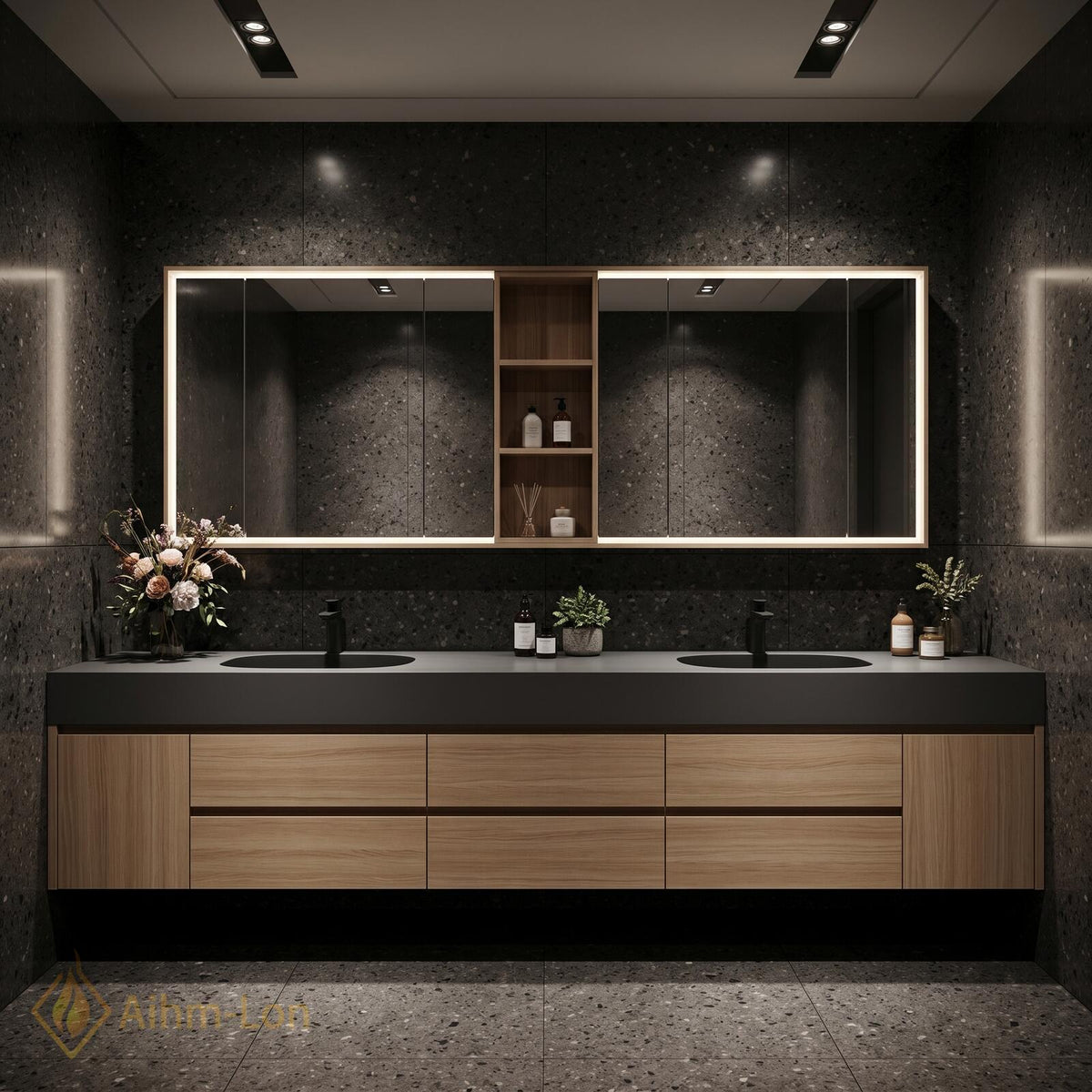 60''-96'' Double Bathroom Vanity with Sink Grey Stone Countertop Spacious Storage