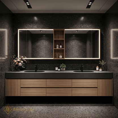 60''-96'' Double Bathroom Vanity with Sink Grey Stone Countertop Spacious Storage