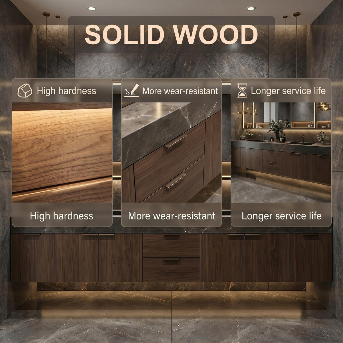 60''-96'' Double Bathroom Vanity with Sink Modern Floating Dark Walnut Slatted Center Panel