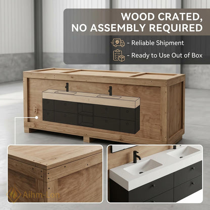 60''-96'' Double Bathroom Vanity with Sink Matte Black Finish Central Open Shelf