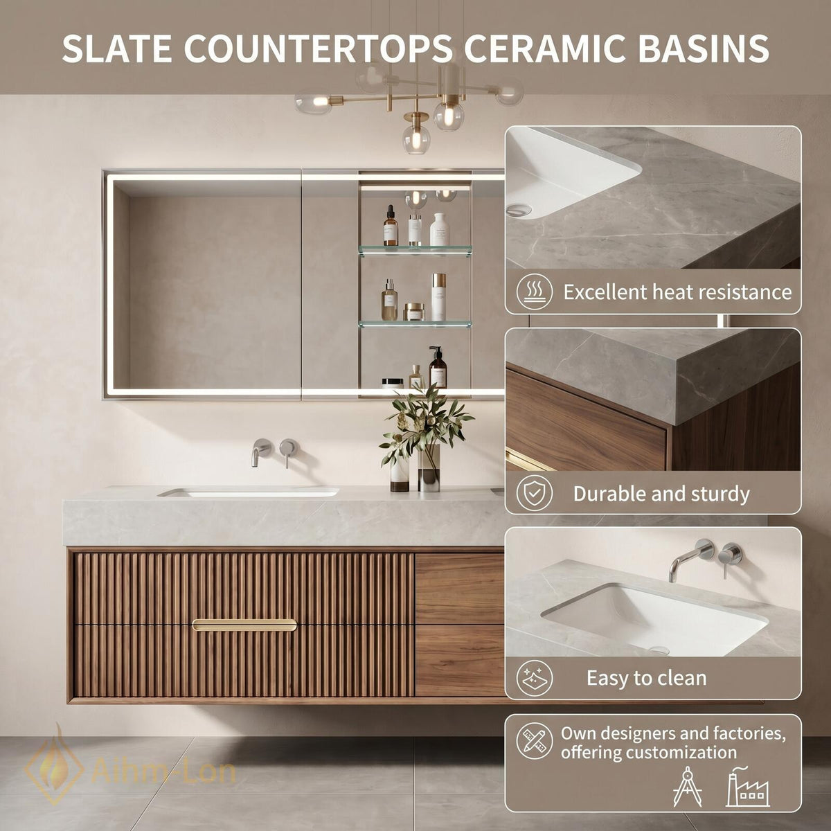 60''-96'' Double Bathroom Vanity with Sink Ribbed Walnut Finish Glass Mirror Shelving