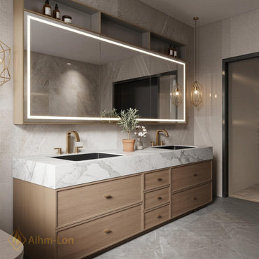 60''-96'' Double Bathroom Vanity with Sink Floating Marble-Top Mirror Sleek