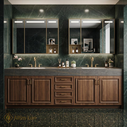 72''-96'' Double Bathroom Vanity with Sink Brown Panel Doors Refined Rich Finish
