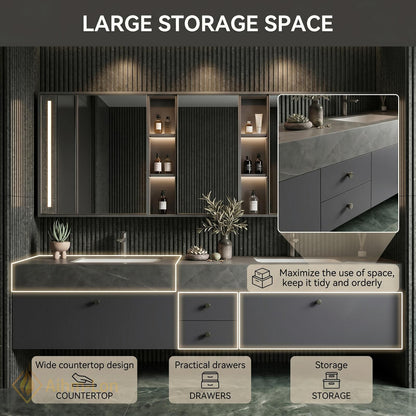 60''-96'' Double Bathroom Vanity with Sink Stone Look Slatted Back Mirror Cabinet
