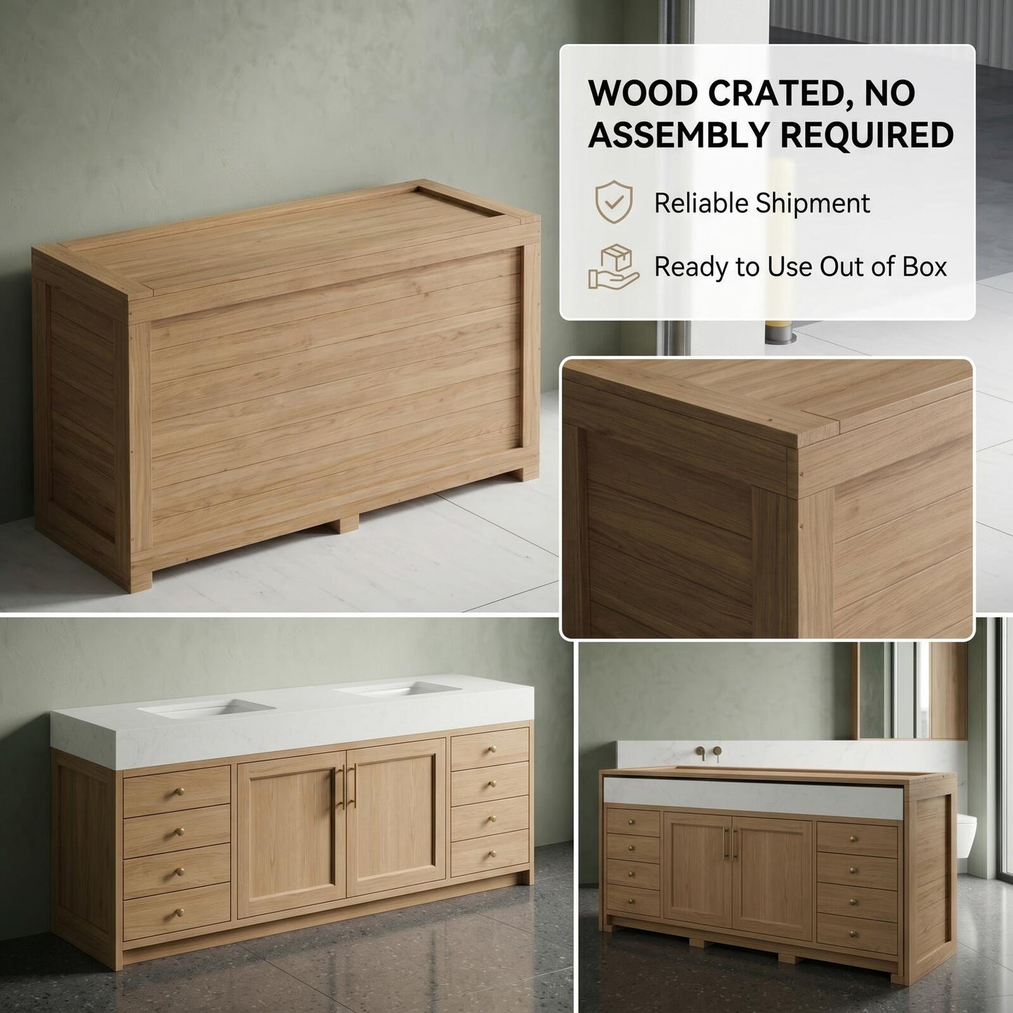 70''-96'' Modern Bathroom Vanity with Sink Double Sink Clean Linen Oak Paneling Drawers Cabinet
