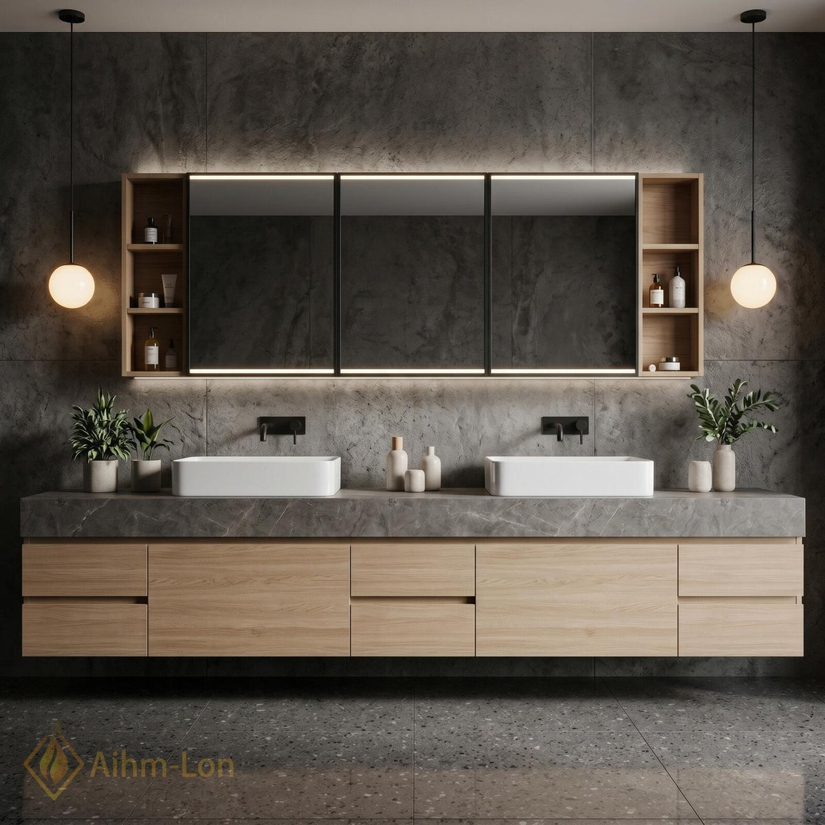 60''-96'' Double Bathroom Vanity with Sink Floating Grey Stone Top Wood Grain