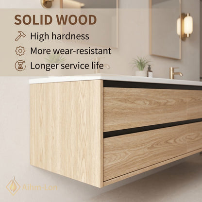 60''-96'' Modern Bathroom Vanity with Sink Floating Oak Grain Gold Tone Drawers
