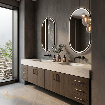 60''-96'' Double Bathroom Vanity with Sink Floating Basin Design Backlit Mirrors Veneer