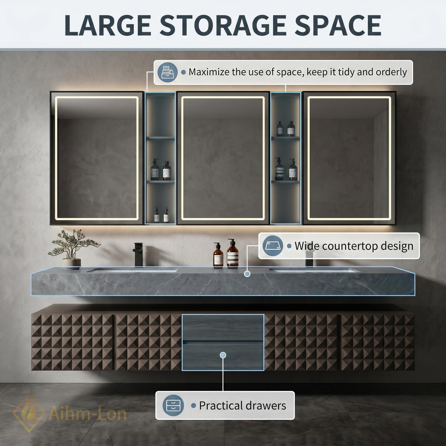 70''-96'' Double Bathroom Vanity with Sink Modern Floating Textured Geometric Doors Tall