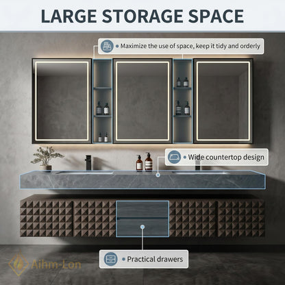 70''-96'' Double Bathroom Vanity with Sink Modern Floating Textured Geometric Doors Tall