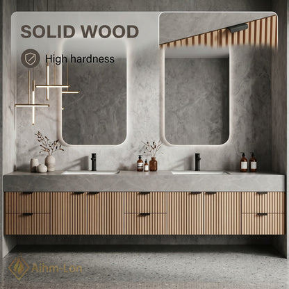 60''-96'' Double Bathroom Vanity with Sink Slatted Wood Front Stone Top Storage