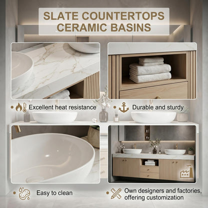 60''-96'' Modern Bathroom Vanity with Sink Double Sink Light Oak Veneer Slatted Niche Cabinet