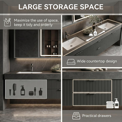 60''-96'' Double Bathroom Vanity with Sink Ribbed Front Doors Matte Dark Cabinet
