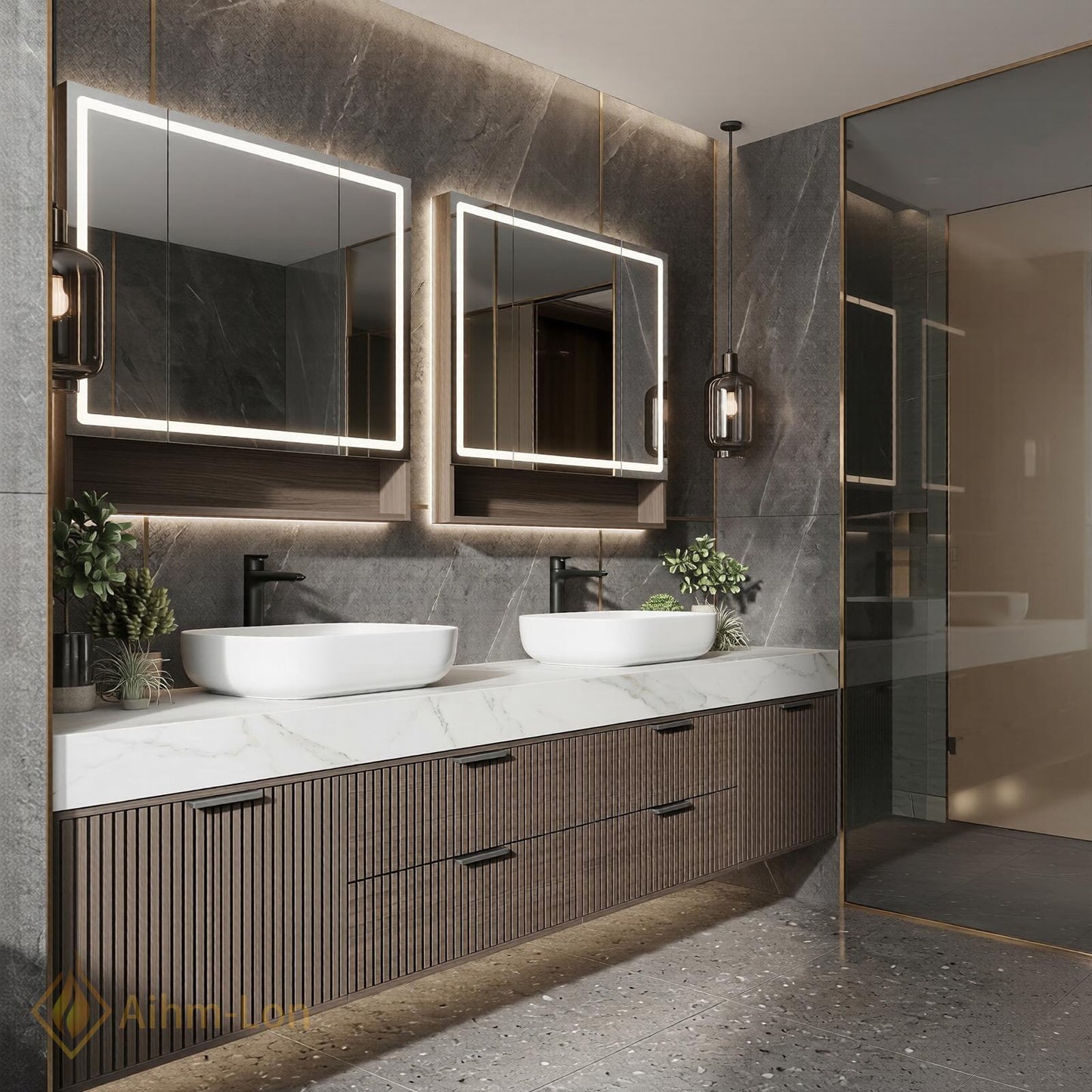 72''-96'' Double Bathroom Vanity with Sink Dark-Wood Modern Slatted Open Drawer