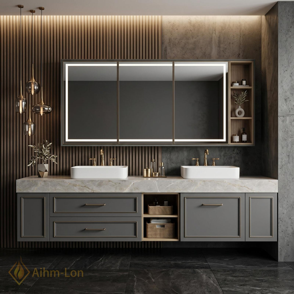 60''-96'' Double Bathroom Vanity with Sink Modern Gray Marble Top Spacious Storage