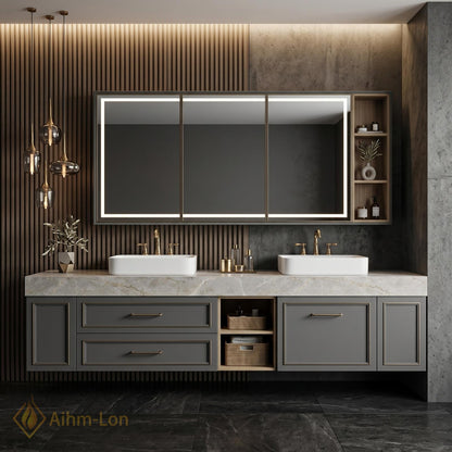 60''-96'' Double Bathroom Vanity with Sink Modern Gray Marble Top Spacious Storage