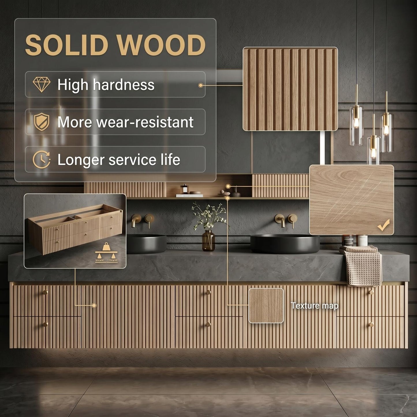 60''-96'' Modern Bathroom Vanity with Sink Floating Dark Stone Slatted Front Panels Cabinet