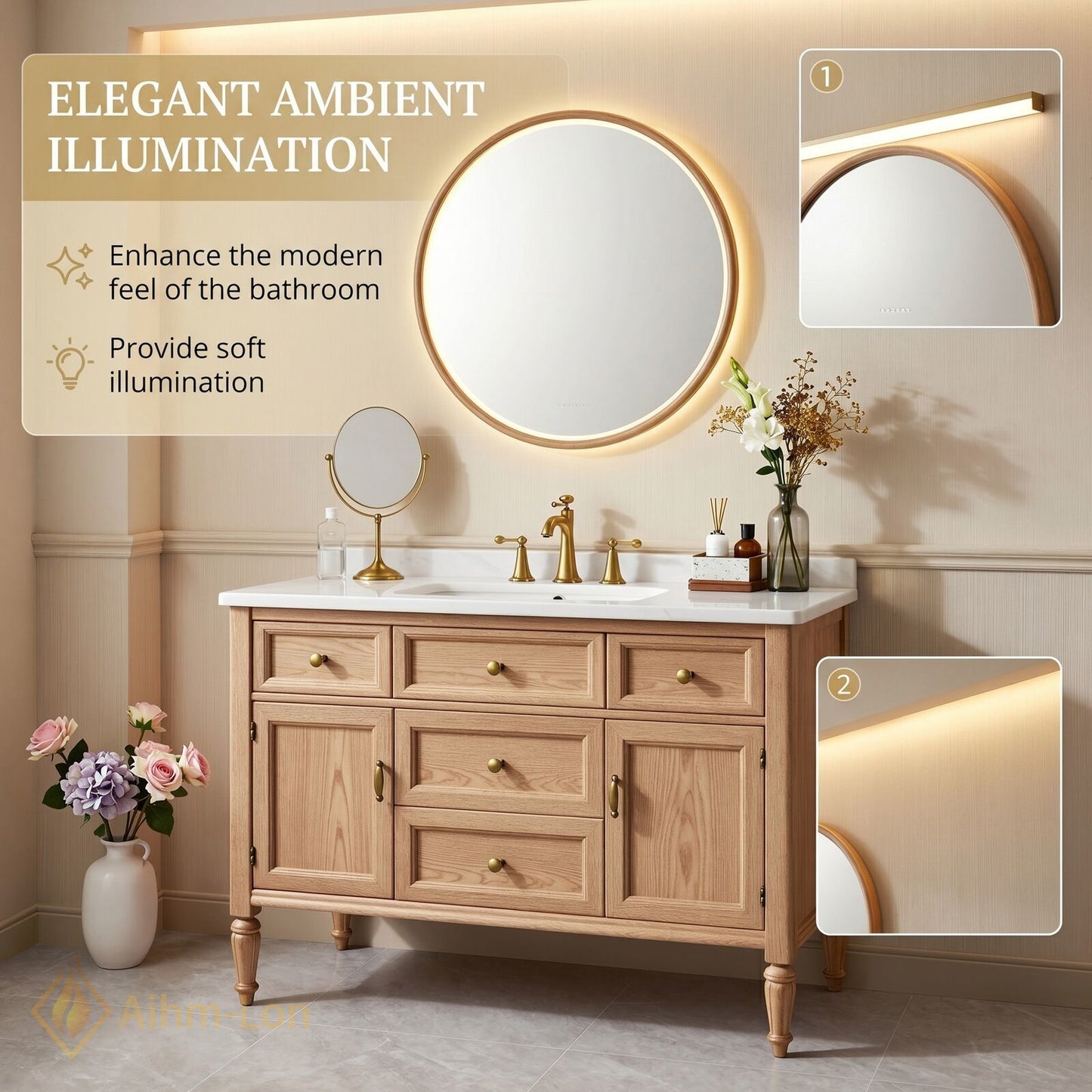 52''-64'' Classic Bathroom Vanity with Sink Oak Wood Turned Leg Open Drawers