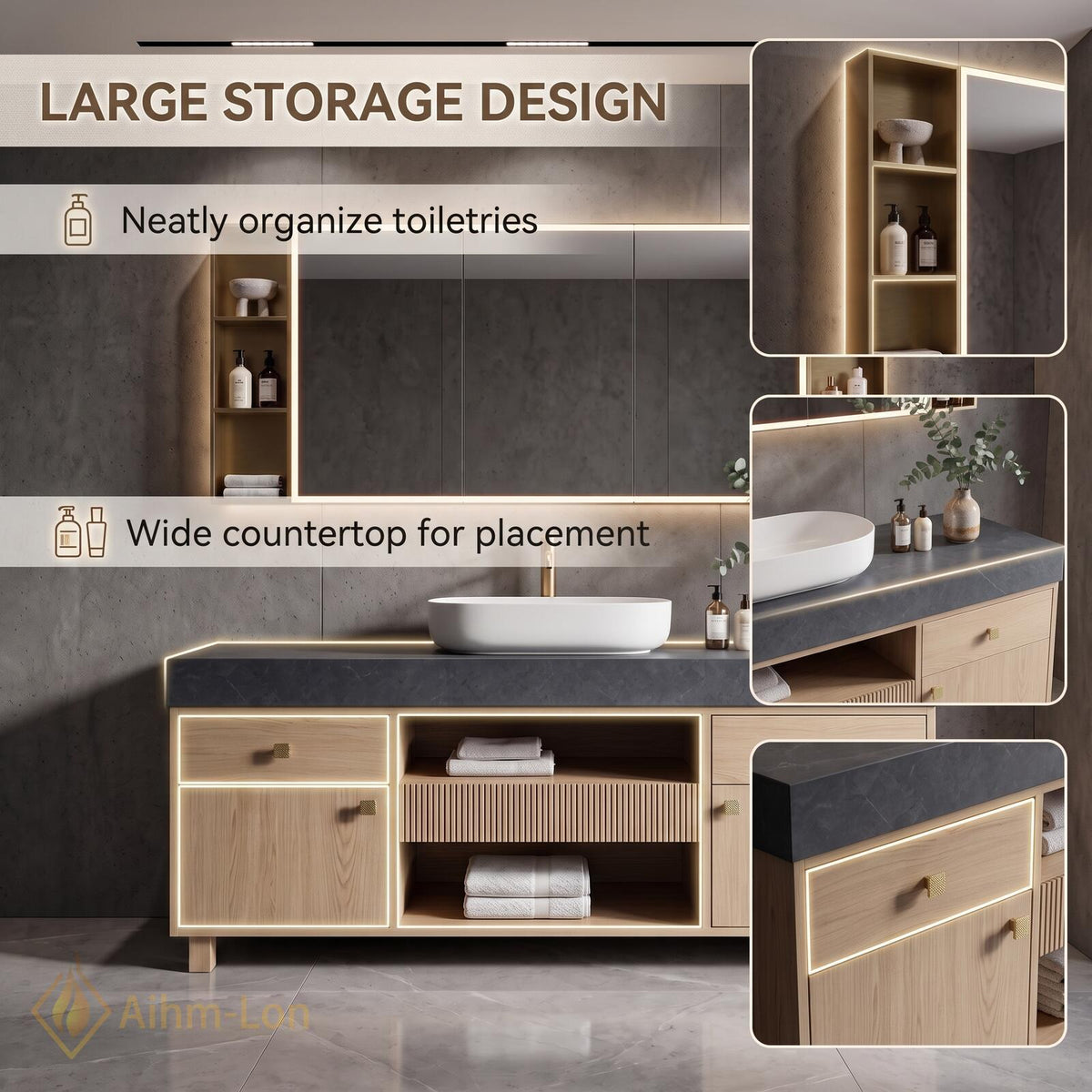 36''-110'' Double Bathroom Vanity with Sink Floating Ridged Front Open Shelving