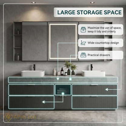 60''-96'' Double Bathroom Vanity with Sink Floating Slatted Drawers Concrete Texture Top
