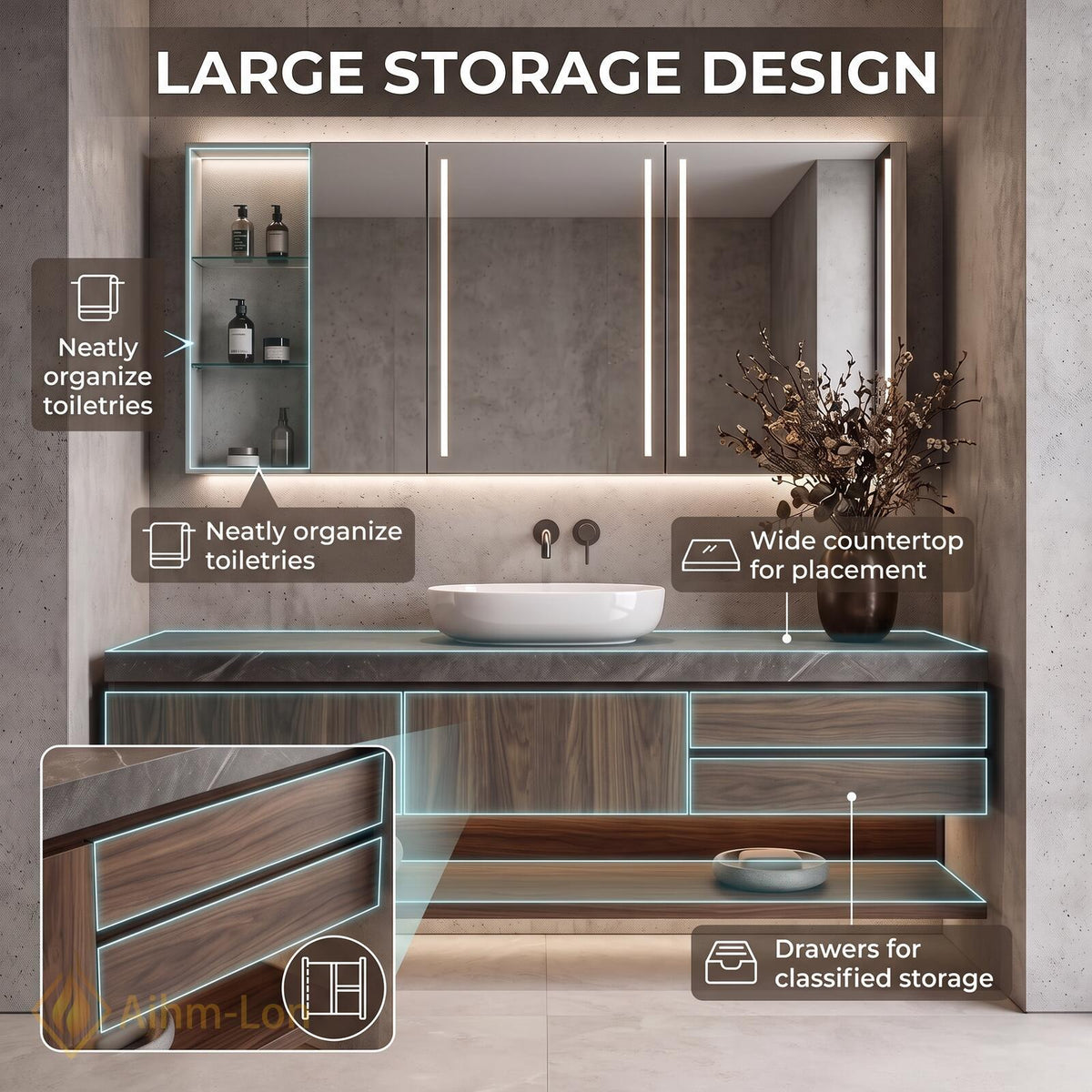 36''-110'' Floating Bathroom Vanity with Sink Sintered Stone Top Open Shelving