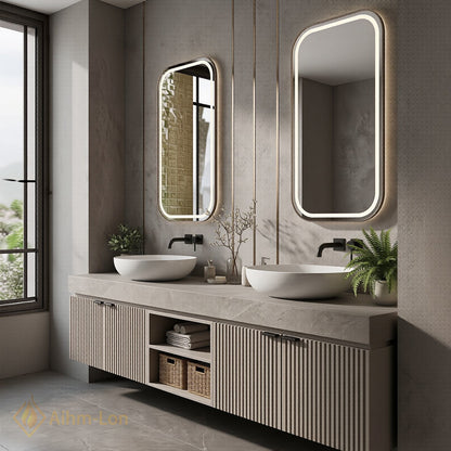 60''-96'' Double Bathroom Vanity with Sink Ribbed Doors Open Central Storage