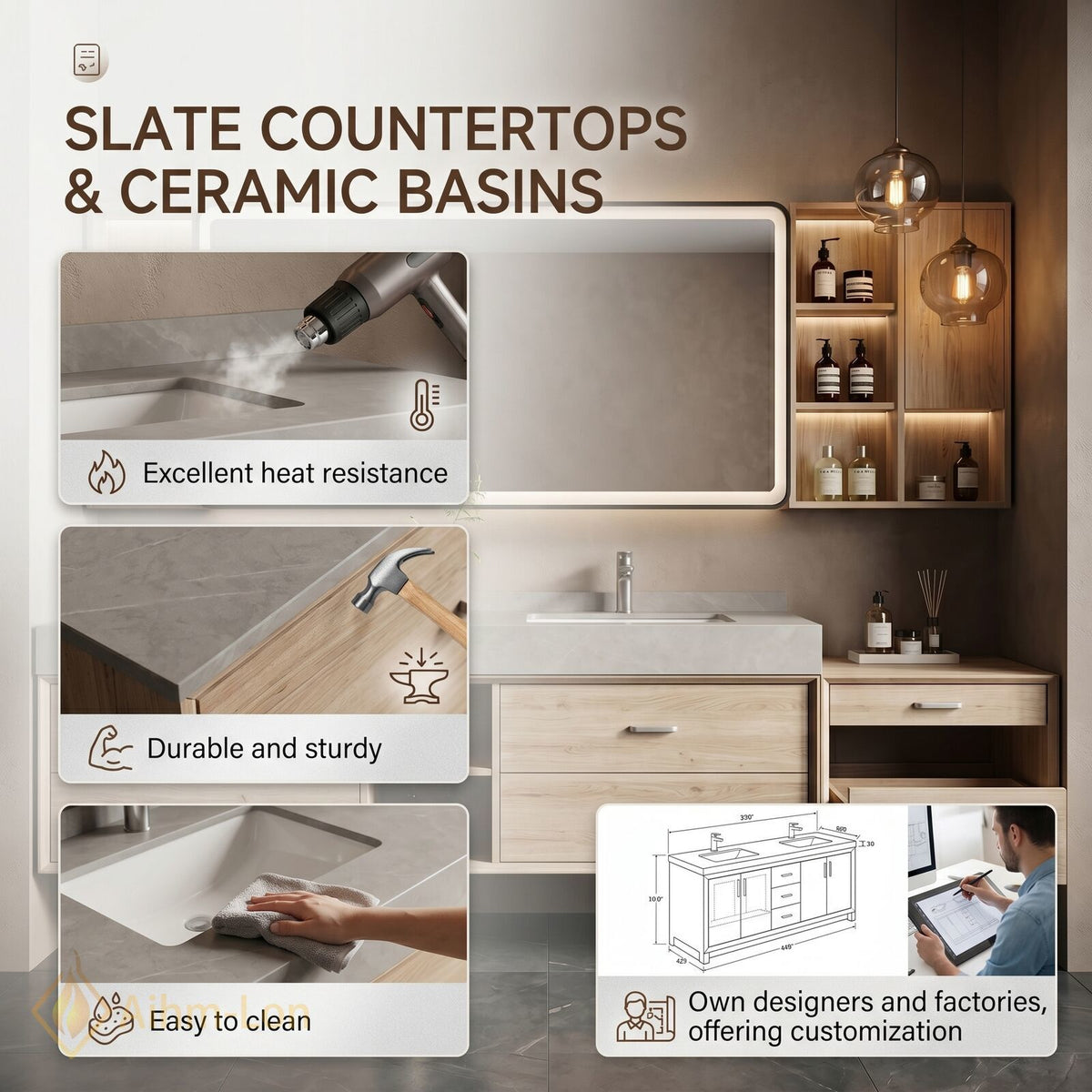 78''-96'' Double Bathroom Vanity with Sink Light Oak Finish Floating Vanity Station