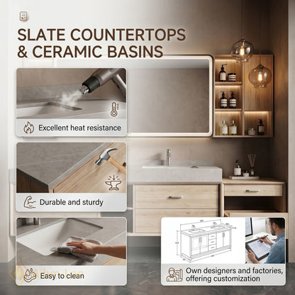 78''-96'' Double Bathroom Vanity with Sink Light Oak Finish Floating Vanity Station