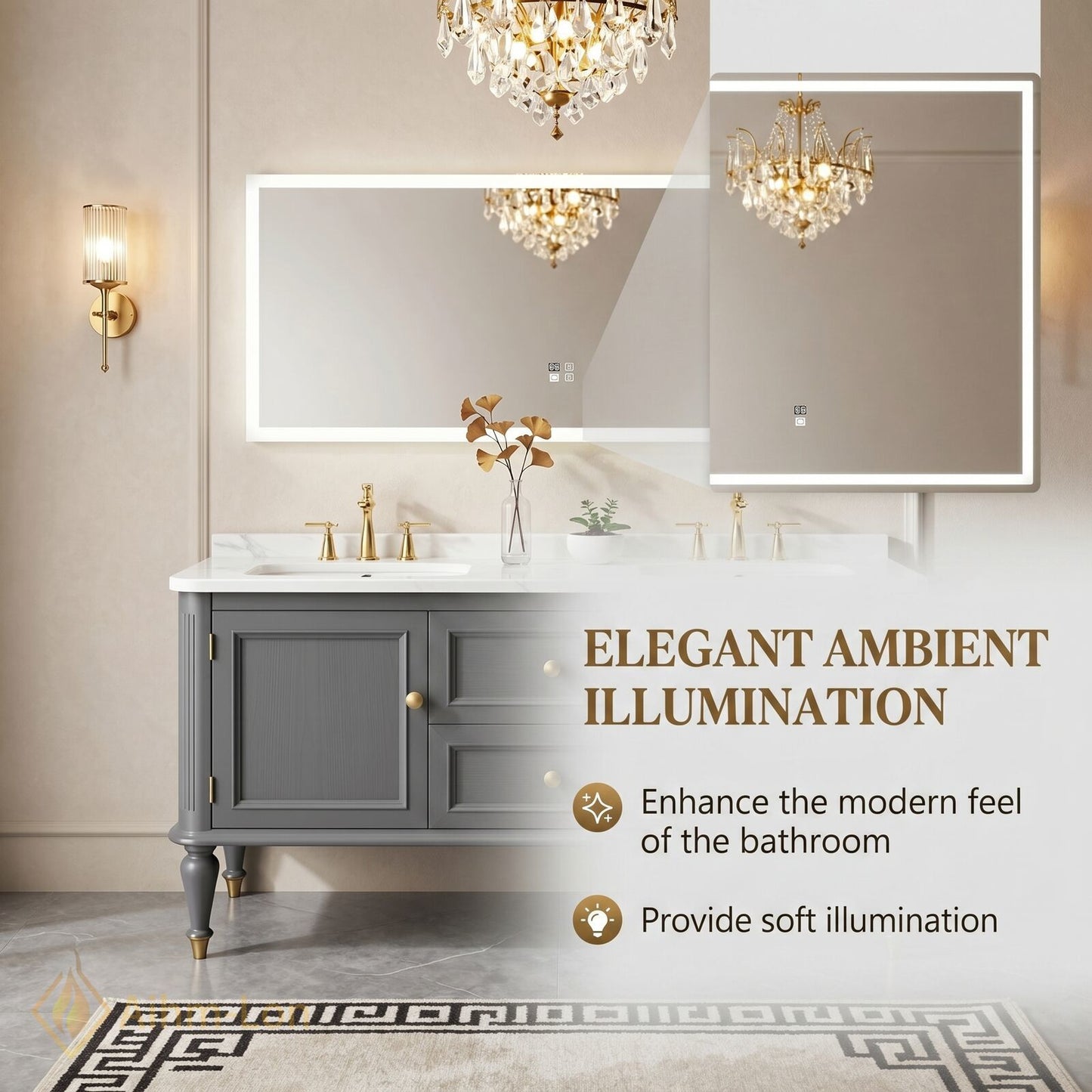 60''-96'' Double Bathroom Vanity with Sink Marble Top Drawers Cabinet Frameless Mirror