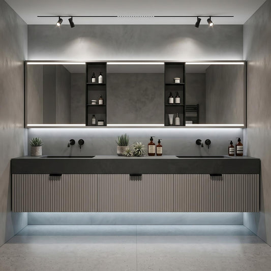 60''-96'' Modern Bathroom Vanity with Sink Double Sink Fluted Door Slate Grey Cabinet