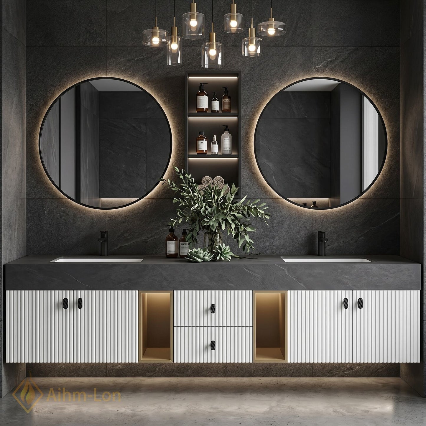 78''-96'' Double Bathroom Vanity with Sink Ribbed Front Panels Dark Stone Effect