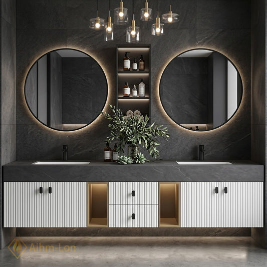 78''-96'' Double Bathroom Vanity with Sink Ribbed Front Panels Dark Stone Effect