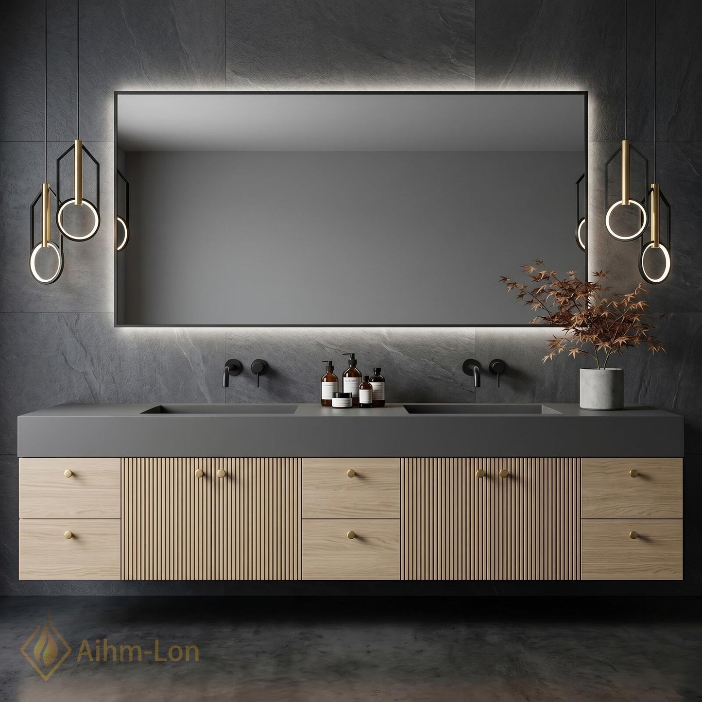 70''-96'' Double Bathroom Vanity with Sink Warm-Oak Modern Floating Slatted-Panel