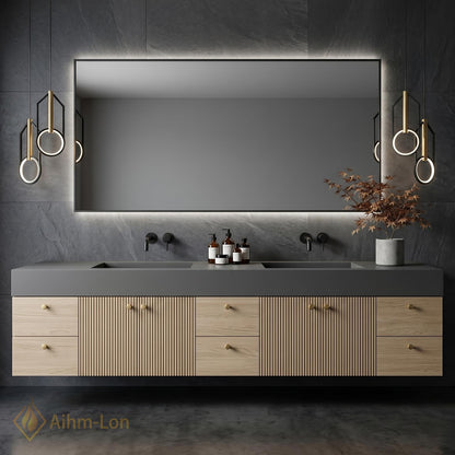 70''-96'' Double Bathroom Vanity with Sink Warm-Oak Modern Floating Slatted-Panel