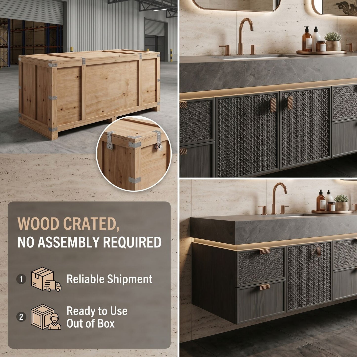 78''-96'' Modern Bathroom Vanity with Sink Dark Stone Top Storage Drawers Cabinet