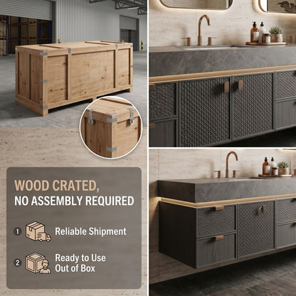 78''-96'' Modern Bathroom Vanity with Sink Dark Stone Top Storage Drawers Cabinet