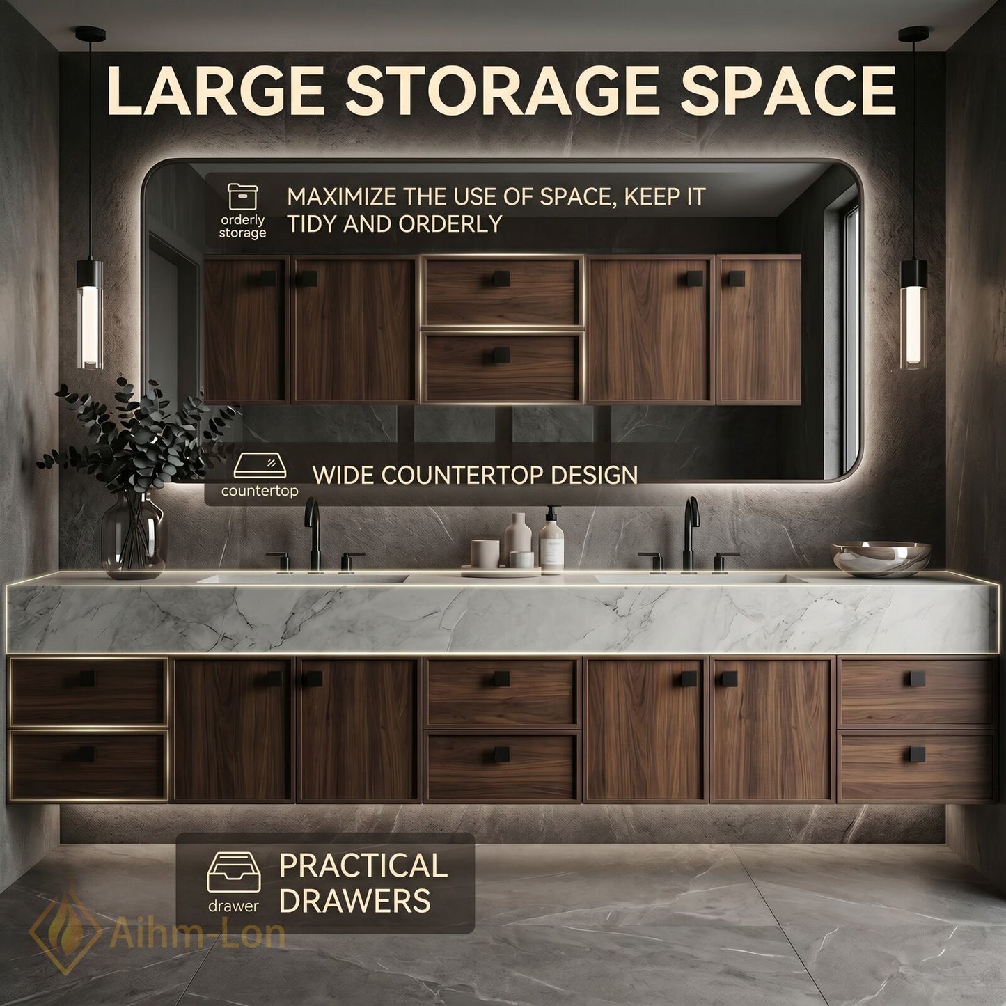 76''-96'' Double Bathroom Vanity with Sink Walnut Floating Elegant Marble Top Wood