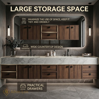 76''-96'' Double Bathroom Vanity with Sink Walnut Floating Elegant Marble Top Wood