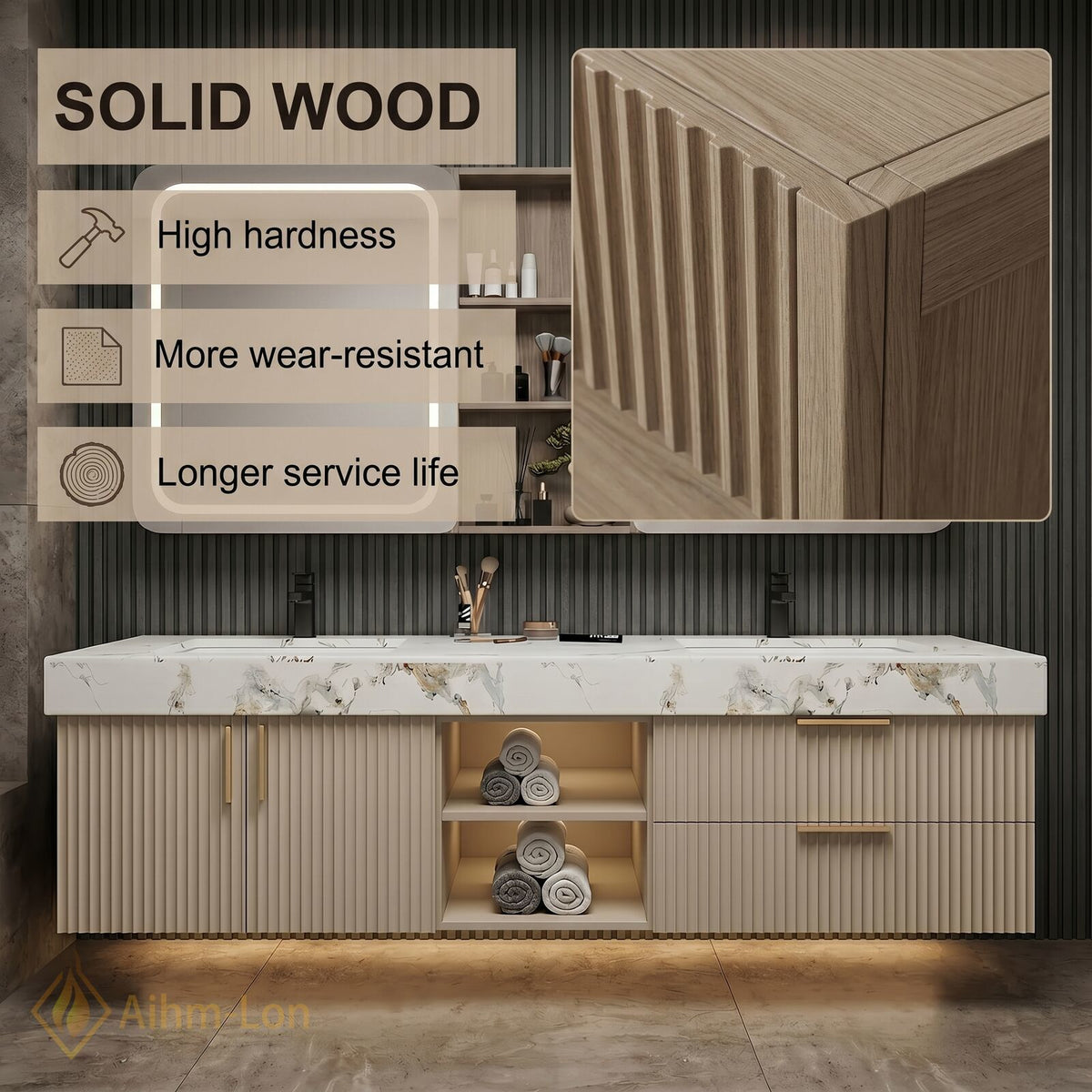 60''-96'' Double Bathroom Vanity with Sink Fluted Panel Marble Patterned Surface Dual
