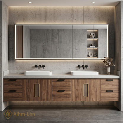 60''-96'' Double Bathroom Vanity with Sink Floating Warm Walnut Grain Mesh Details