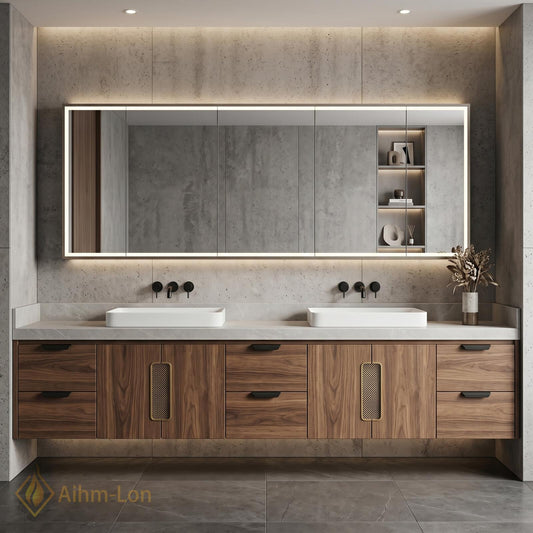 60''-96'' Double Bathroom Vanity with Sink Floating Warm Walnut Grain Mesh Details