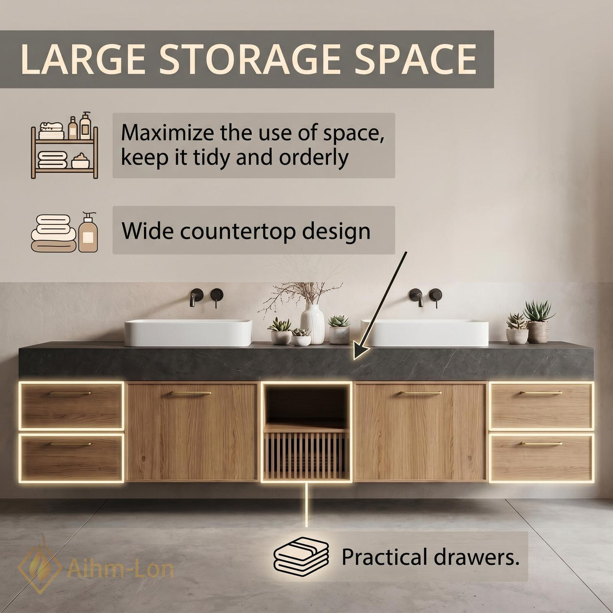 60''-96'' Double Bathroom Vanity with Sink Dark Stone Top Slatted Center Shelving